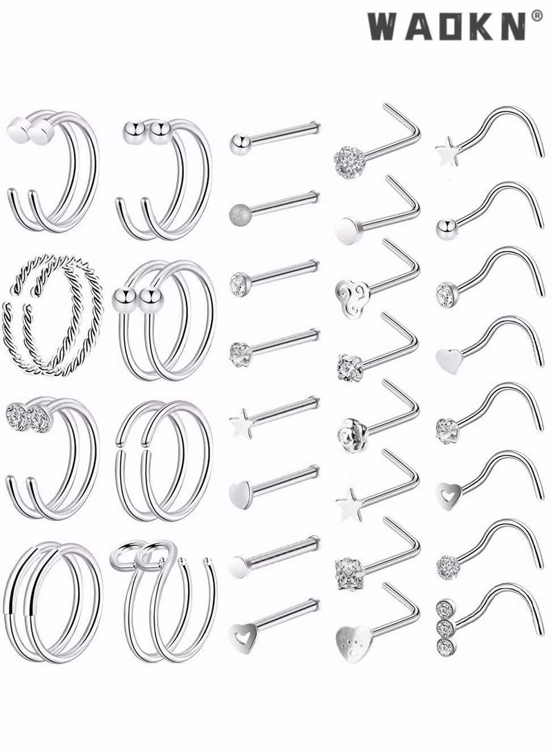 دبليو أيه أو كي أن 40 قطعة 20G حلقات الأنف للنساء ثقب الأنف مجوهرات الذهب خواتم الأنف الأطواق ترصيع الأنف المسمار للنساء الرجال 316L الفولاذ المقاوم للصدأ للنساء الرجال مجوهرات الجسم - Image 1