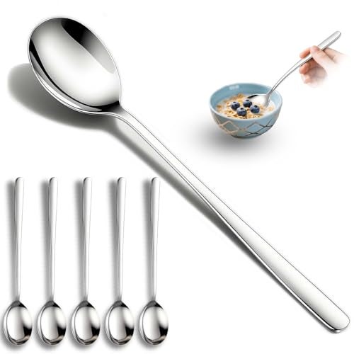 Flying Leaves Set of 5 Premium Korean Soup Spoons, 8 Inch 18/10 Stainless Steel Long Handle Rice and Asian Spoon for Home, Kitchen, Restaurant, Cafe, Dishwasher Safe - Image 1