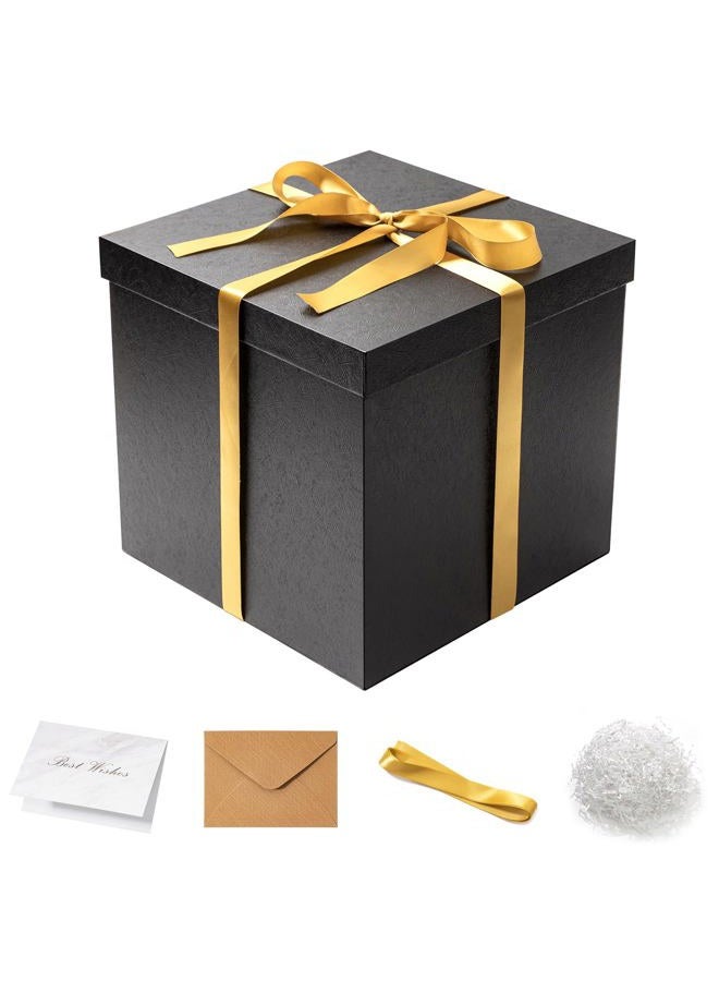 Mefleet Large Gift Box with Lid for Presents 12x12x12 Inches Extra Big Deep Square Black Boxes 1 Pack for Christmas, Birthday, Valentine's Day, Mother's Day - Contains Crinkle Paper, Ribbon and Card - Image 1