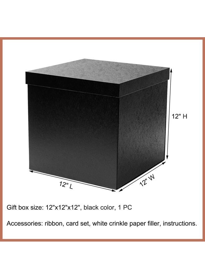 Mefleet Large Gift Box with Lid for Presents 12x12x12 Inches Extra Big Deep Square Black Boxes 1 Pack for Christmas, Birthday, Valentine's Day, Mother's Day - Contains Crinkle Paper, Ribbon and Card - Image 2