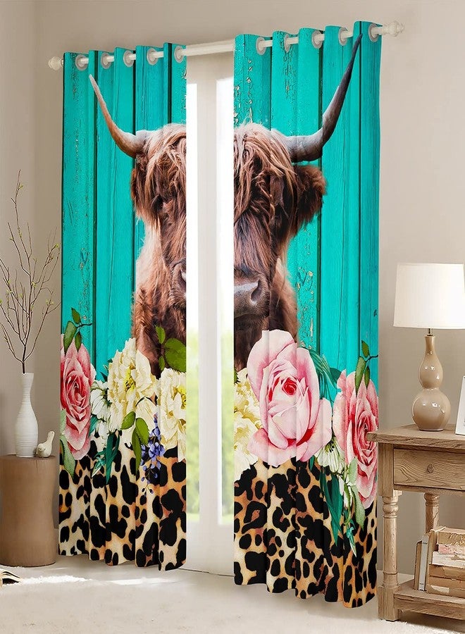 Feelyou ستائر نوافذ بتصميم بقرة المرتفعات لغرفة النوم وغرفة المعيشة، ستائر بنقشة جلد النمر والزهور، ستائر نوافذ للأطفال الأولاد، ستائر بنقشة جلد الفهد البني، ستائر نوافذ خشبية باللون الأزرق المخضر، مقاس 42 × 63 بوصة، قطعتان. - Image 2