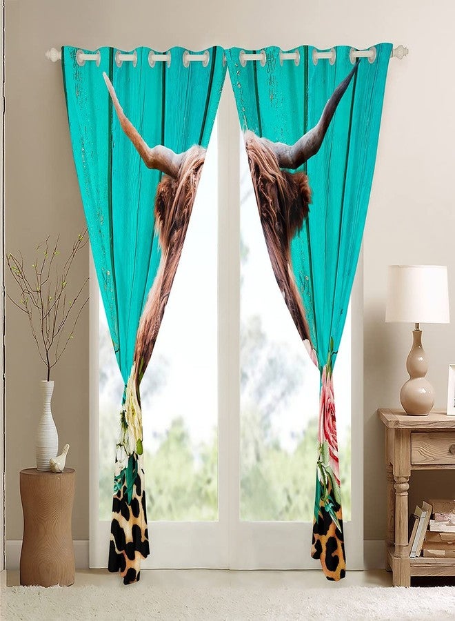 Feelyou ستائر نوافذ بتصميم بقرة المرتفعات لغرفة النوم وغرفة المعيشة، ستائر بنقشة جلد النمر والزهور، ستائر نوافذ للأطفال الأولاد، ستائر بنقشة جلد الفهد البني، ستائر نوافذ خشبية باللون الأزرق المخضر، مقاس 42 × 63 بوصة، قطعتان. - Image 5