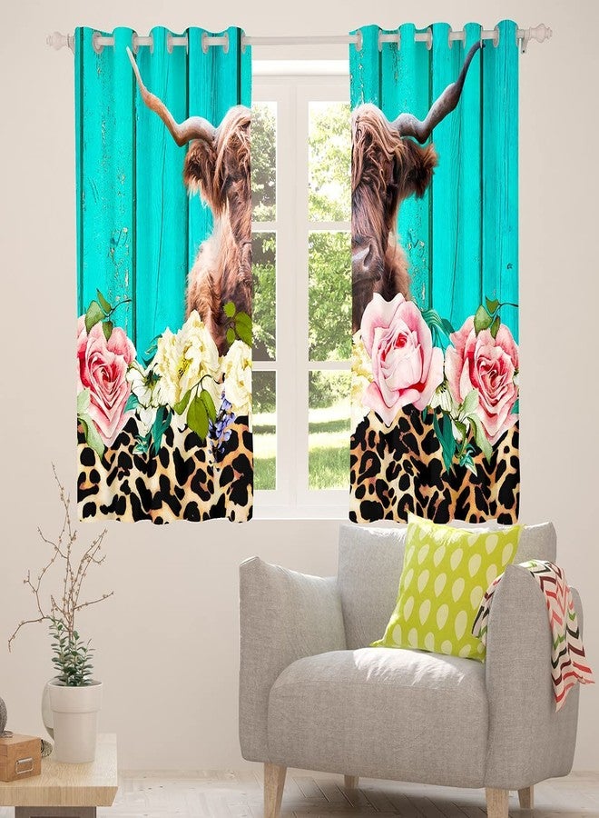 Feelyou ستائر نوافذ بتصميم بقرة المرتفعات لغرفة النوم وغرفة المعيشة، ستائر بنقشة جلد النمر والزهور، ستائر نوافذ للأطفال الأولاد، ستائر بنقشة جلد الفهد البني، ستائر نوافذ خشبية باللون الأزرق المخضر، مقاس 42 × 63 بوصة، قطعتان. - Image 3