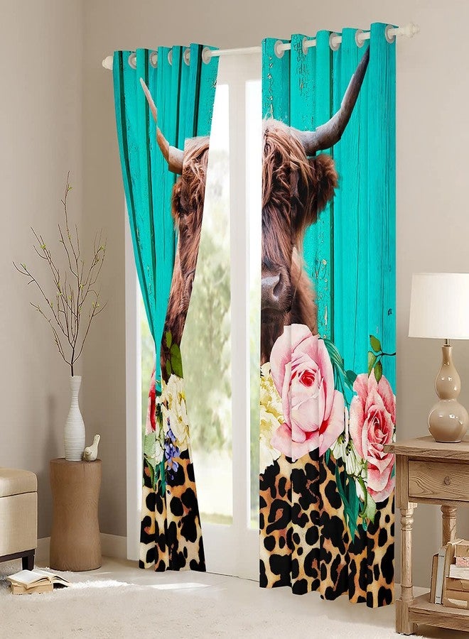 Feelyou ستائر نوافذ بتصميم بقرة المرتفعات لغرفة النوم وغرفة المعيشة، ستائر بنقشة جلد النمر والزهور، ستائر نوافذ للأطفال الأولاد، ستائر بنقشة جلد الفهد البني، ستائر نوافذ خشبية باللون الأزرق المخضر، مقاس 42 × 63 بوصة، قطعتان. - Image 4