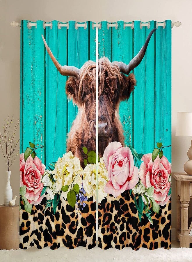Feelyou ستائر نوافذ بتصميم بقرة المرتفعات لغرفة النوم وغرفة المعيشة، ستائر بنقشة جلد النمر والزهور، ستائر نوافذ للأطفال الأولاد، ستائر بنقشة جلد الفهد البني، ستائر نوافذ خشبية باللون الأزرق المخضر، مقاس 42 × 63 بوصة، قطعتان. - Image 1
