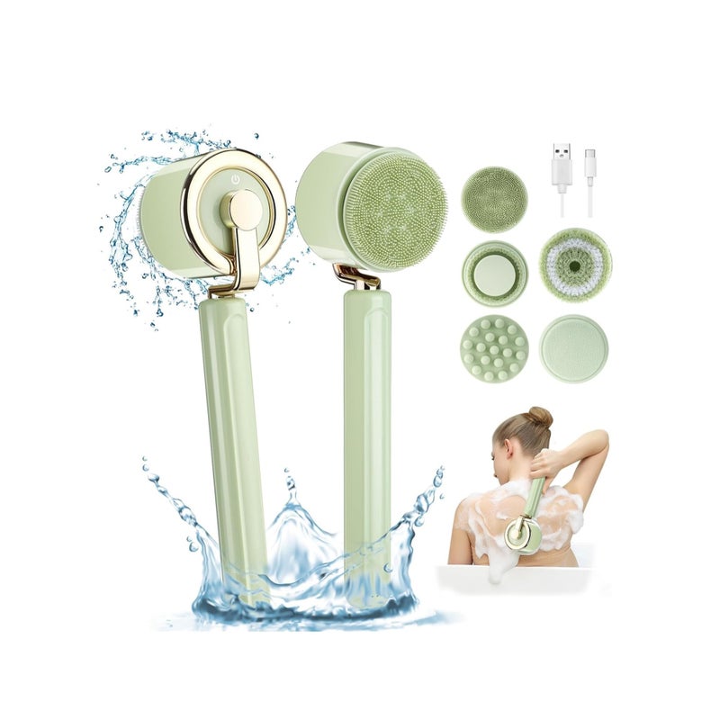 SOLARAE Electric Body Bath Brush, Rechargeable Back Brush Long Handle for Shower with 5 Spin Brush Heads, IPX7 Waterproof Silicone Body Scrubber Exfoliating Deep Cleansing Brush for Women Men - Image 1