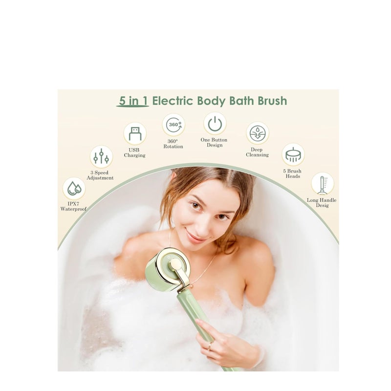 SOLARAE Electric Body Bath Brush, Rechargeable Back Brush Long Handle for Shower with 5 Spin Brush Heads, IPX7 Waterproof Silicone Body Scrubber Exfoliating Deep Cleansing Brush for Women Men - Image 5