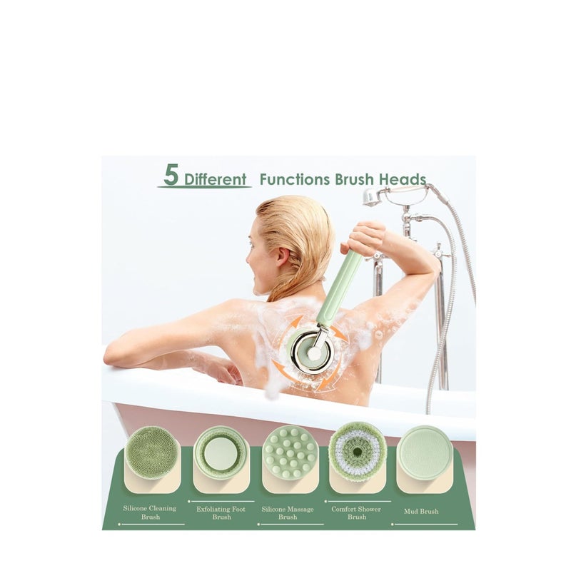 SOLARAE Electric Body Bath Brush, Rechargeable Back Brush Long Handle for Shower with 5 Spin Brush Heads, IPX7 Waterproof Silicone Body Scrubber Exfoliating Deep Cleansing Brush for Women Men - Image 2