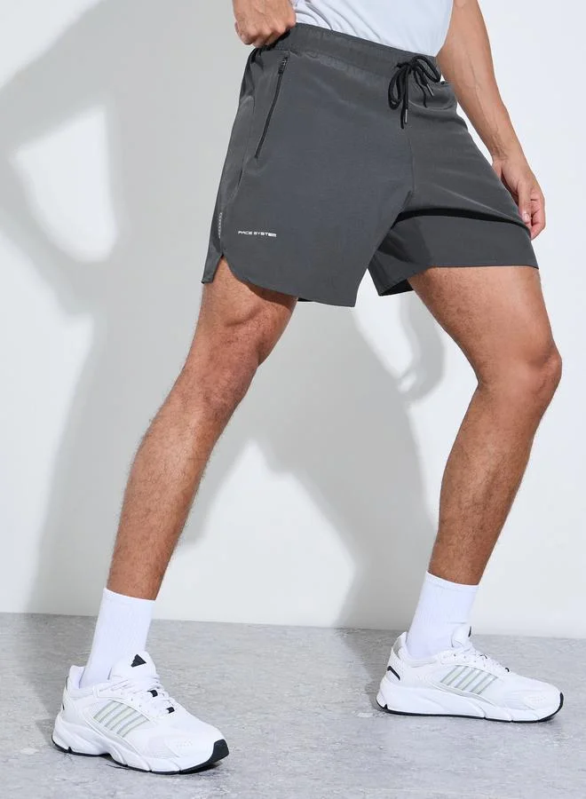 Grey Solid Side Slit Regular Fit Running Shorts with Zipper Pocket