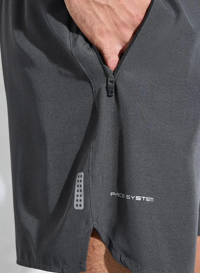 Styli  Grey Solid Side Slit Regular Fit Running Shorts with Zipper Pocket for Men | Best Price UAE