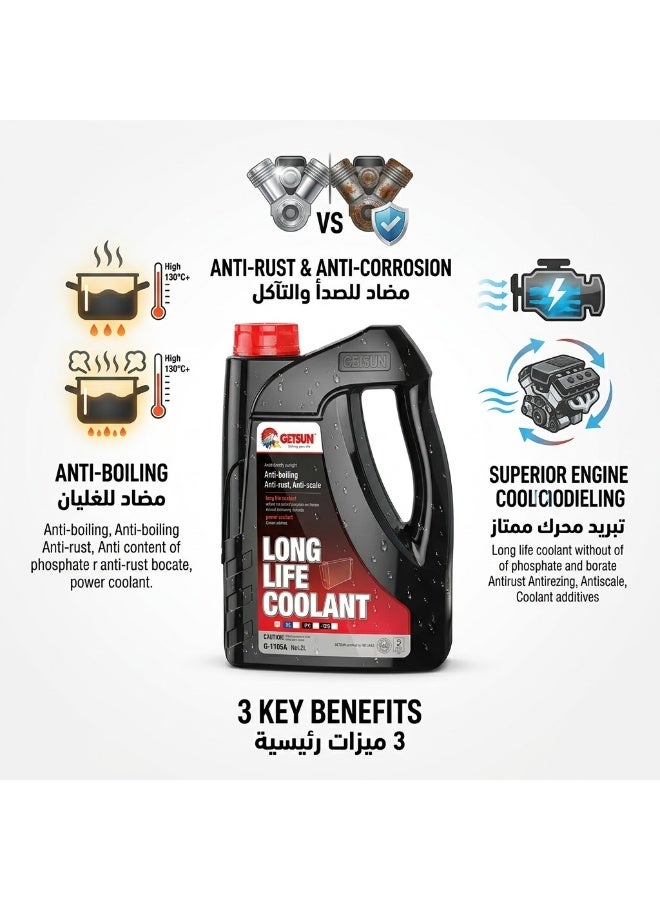 GETSUN Long Life Coolant G-1105A 2L – Anti-Rust, Anti-Scale & Anti-Boiling Radiator Coolant for Car Engine Cooling System | Red - Image 4