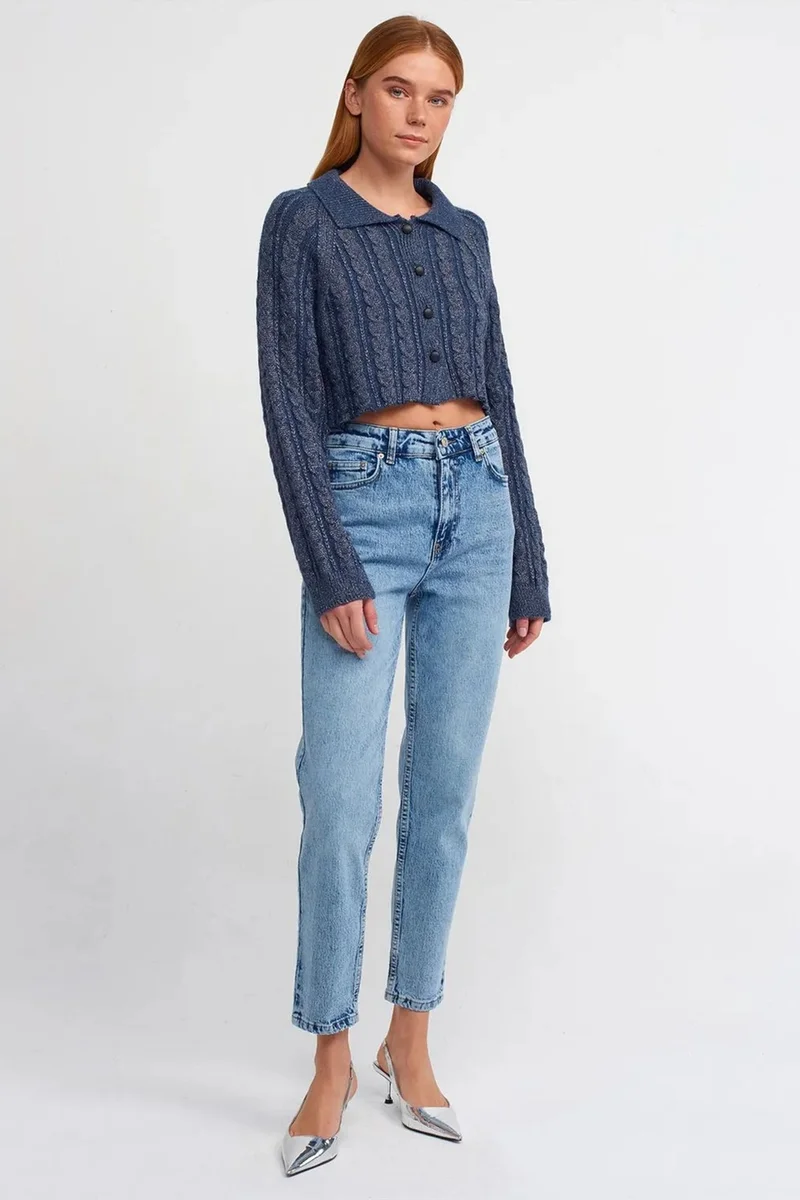 Dilvin Navy Blue DILVIN Crop Cable-Knit Button Cardigan for Women | Best Price UAE