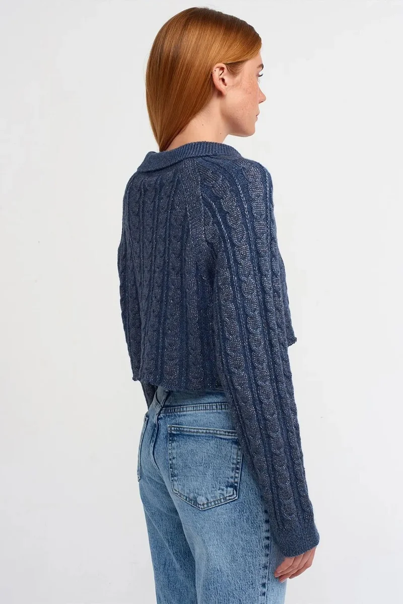Dilvin Navy Blue DILVIN Crop Cable-Knit Button Cardigan for Women | Best Price UAE