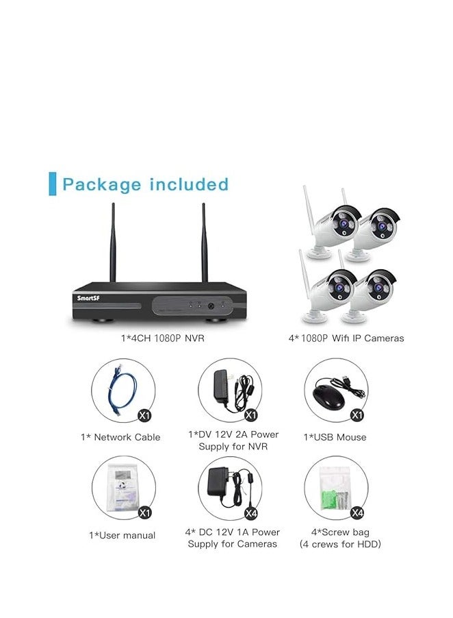 نظام كاميرا مراقبة SmartSF WIFI بدقة 1080 بكسل 4 قنوات NVR، كاميرات لاسلكية مع 4 كاميرات 1080 بكسل، كشف الحركة، الرؤية الليلية، الوصول عن بعد، مقاوم للطقس IP66، كاميرات IP داخلية وخارجية - Image 4