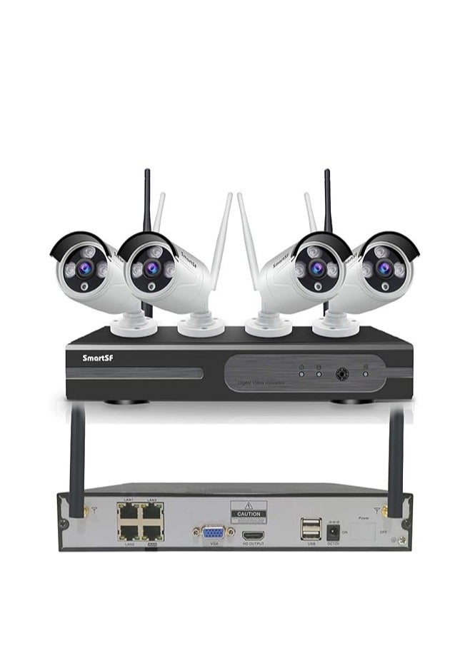 نظام كاميرا مراقبة SmartSF WIFI بدقة 1080 بكسل 4 قنوات NVR، كاميرات لاسلكية مع 4 كاميرات 1080 بكسل، كشف الحركة، الرؤية الليلية، الوصول عن بعد، مقاوم للطقس IP66، كاميرات IP داخلية وخارجية - Image 1