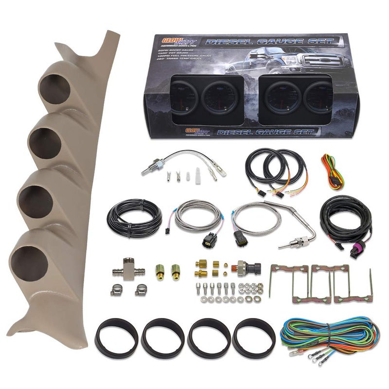 GlowShift Diesel Gauge Package for 1999-2007 Ford Super Duty F-250 F-350 Power Stroke - Tinted 7 Color Gauges with Tan Quad Pillar Pod - Image 1