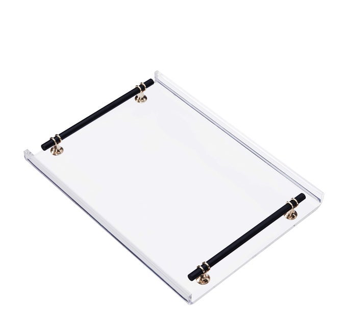 ACRYLIC TRAYWITH BLACK METAL HANDLEFOR COFFEE TABLEDECORATIVE16X12 INCH