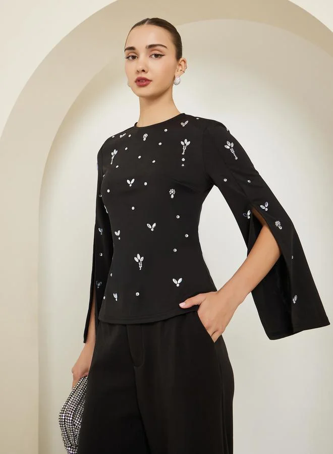 Styli Black Embellished Slit Sleeve Top