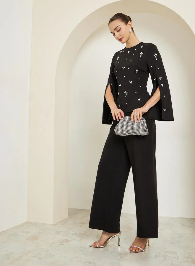 Styli Black Embellished Slit Sleeve Top