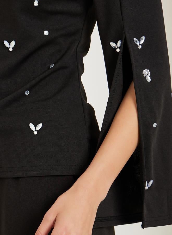 Styli Black Embellished Slit Sleeve Top - Image 3