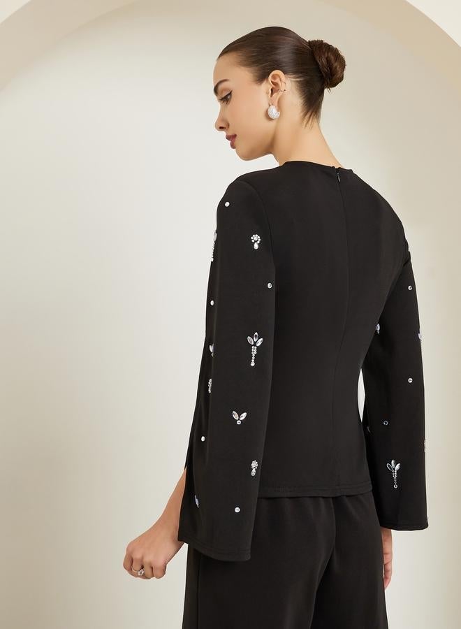 Styli Black Embellished Slit Sleeve Top - Image 4