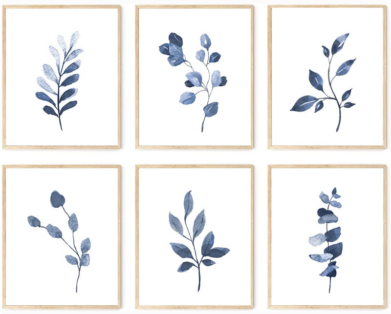 KBKBART Navy Blue Botanical Wall Art Set of 6 Unframed, Minimalist Abstract Botanical Prints Watercolor Blue White Leaf Plant Wall Decor Canvas Painting, Boho Floral Botanical Wall Decor for Bathroom, Living Room - Image 1
