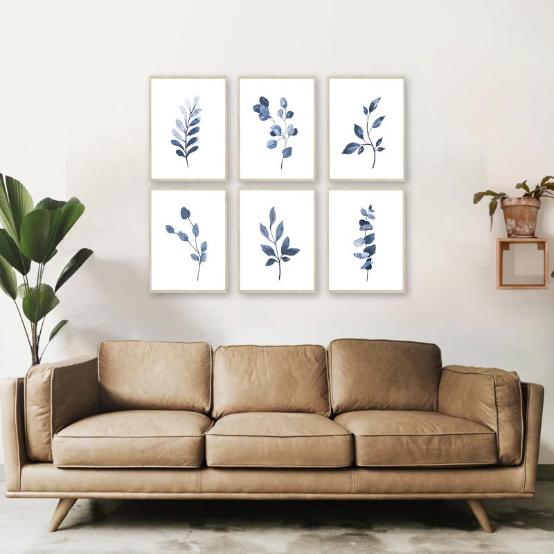 KBKBART Navy Blue Botanical Wall Art Set of 6 Unframed, Minimalist Abstract Botanical Prints Watercolor Blue White Leaf Plant Wall Decor Canvas Painting, Boho Floral Botanical Wall Decor for Bathroom, Living Room - Image 2