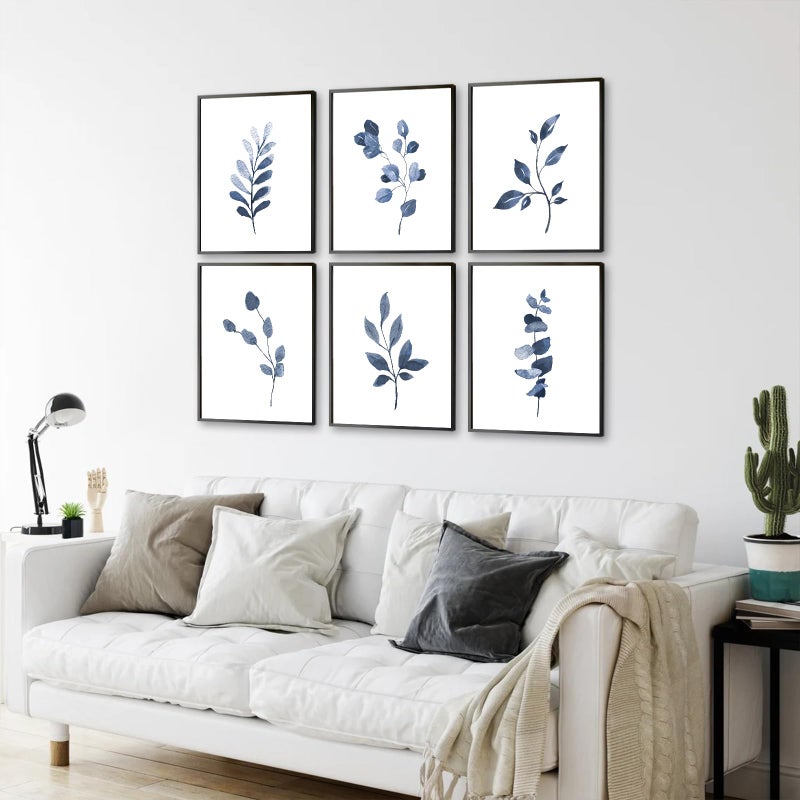 KBKBART Navy Blue Botanical Wall Art Set of 6 Unframed, Minimalist Abstract Botanical Prints Watercolor Blue White Leaf Plant Wall Decor Canvas Painting, Boho Floral Botanical Wall Decor for Bathroom, Living Room - Image 5