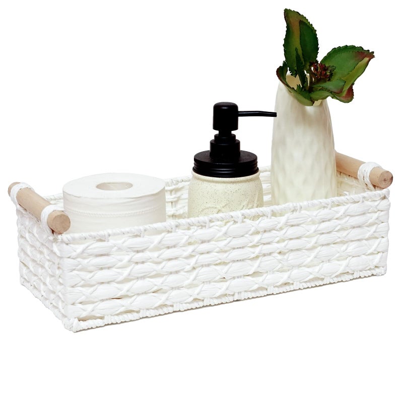 STOBSK Small Storage Basket Wicker Baskets for Organizing with Handle Decorative Storage Bins for Countertop Toilet Paper Basket for Toilet Tank Top Small Baskets SetWhite 