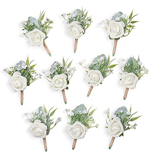 YSUCAU YSUCAU Rose Boutonnieres for Men Wedding Groom and Groomsmen White Boutonniere for Rustic Fall Vintage Wedding Prom Set  - Image 2