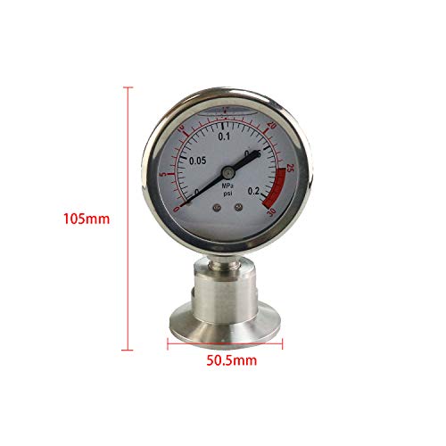 CRBrewBeer Stainless Steel 2.5" Dial Sanitary Pressure Gauge, Glycerin Filled. 0-30 PSI Range, 1.5" Tri Clamp Bottom Mount - Image 5