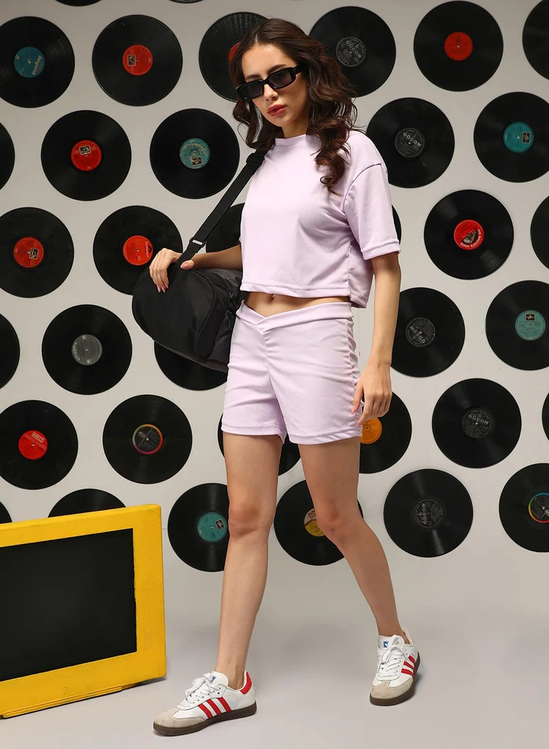 بينيا كولادا PINACOLADA Women's Lilac Solid Knit Co-Ord Set For Casual Wear | Crew Neck | Short Sleeves | Pull On Closure | Co-Ords Designed With Comfortable Fit For Woman & Girls
