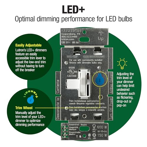 Lutron Toggler LED+ Dimmer Switch for Dimmable LED, Halogen and Incandescent Bulbs, 250W/Single-Pole or 3-Way, AYCL-253P-WH, White - Image 2