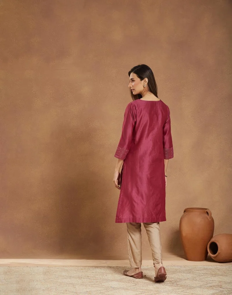 Fabindia Wine Cotton Silk Embroidered Knee Length Kurta