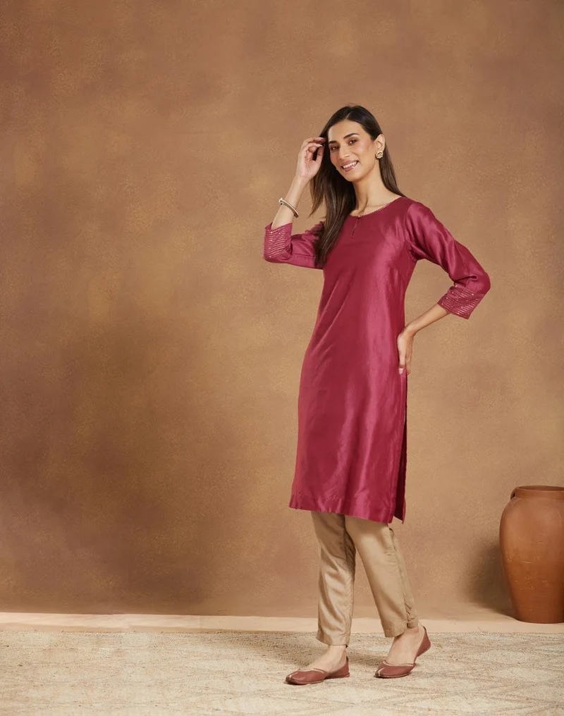 Fabindia Wine Cotton Silk Embroidered Knee Length Kurta