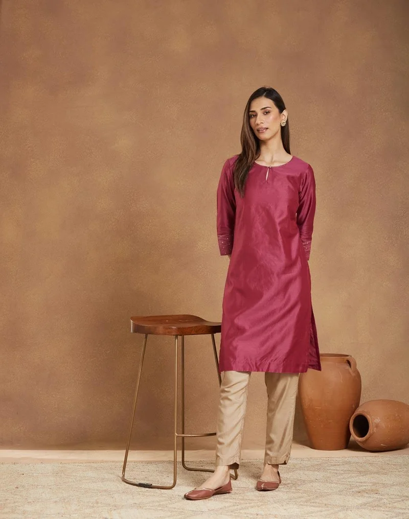 Fabindia Wine Cotton Silk Embroidered Knee Length Kurta