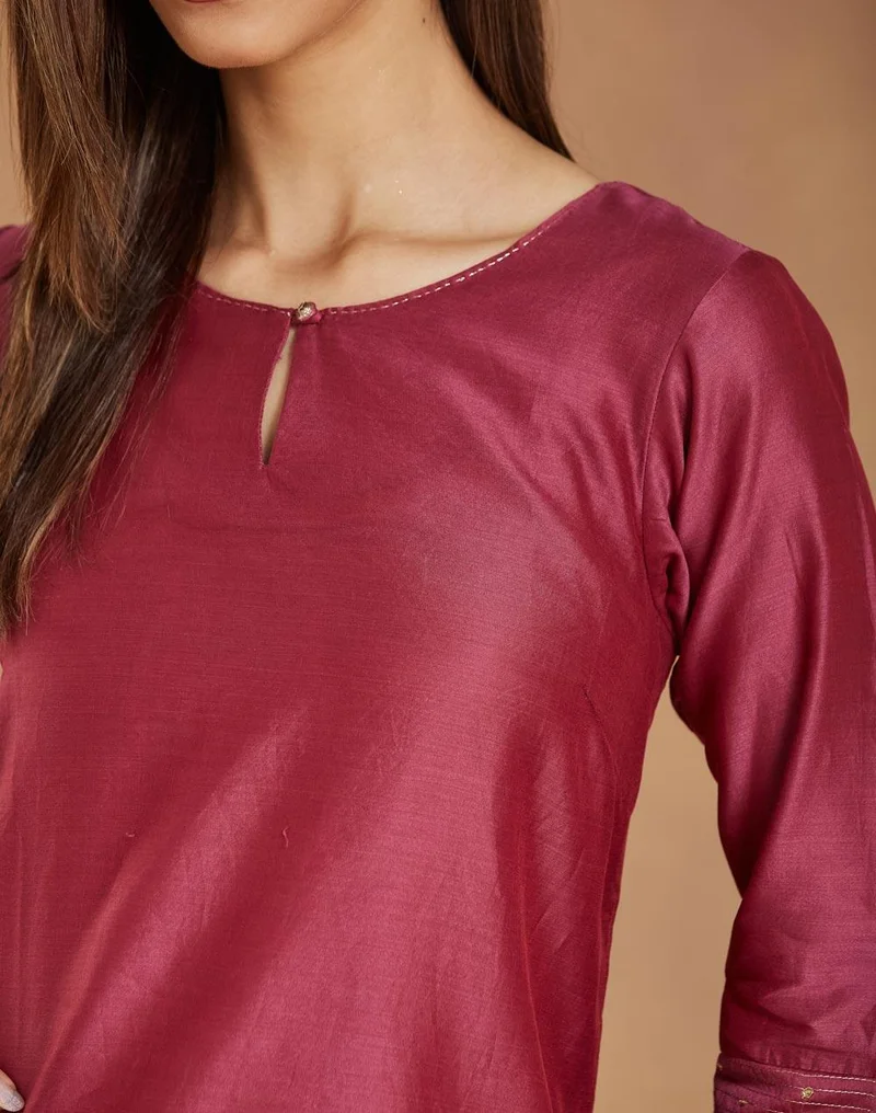 Fabindia Wine Cotton Silk Embroidered Knee Length Kurta