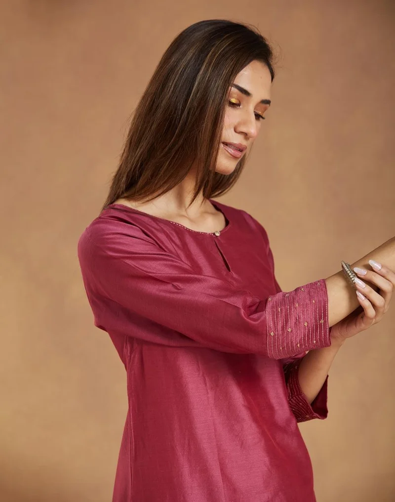 Fabindia Wine Cotton Silk Embroidered Knee Length Kurta