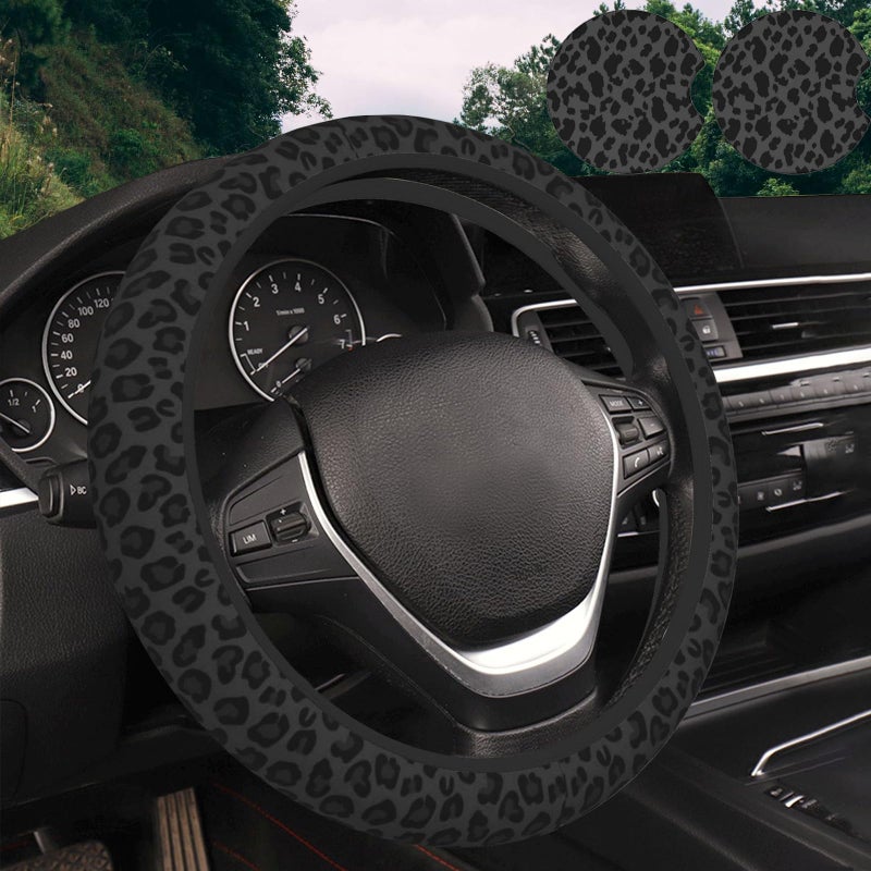 KARREAL Black Leopard Print Steering Wheel Cover & 2 Pcs Ceramic Absorbent Cupholder Coasters, Car Accessories Decorations for Women, Fit 14.5-15 Inch Auto, Suvs, Truck - Image 1