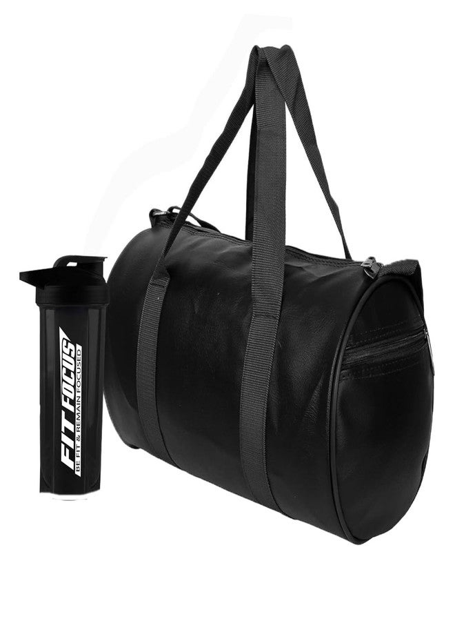 FIT FOCUS Combo Set of PU Leather Duffle Gym Bag Combo & 700ml Shaker Bottle - Premium Brown Gym Kit for Men & Women | Stylish & Durable Fitness Combo (Black) - Image 1