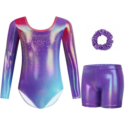 Gogokids Gymnastics Leotards for Girls Long Sleeve Sparkly Rhinestone Dance Unitards Biketards with Shorts, C-purple, 11-12 Years - Image 1