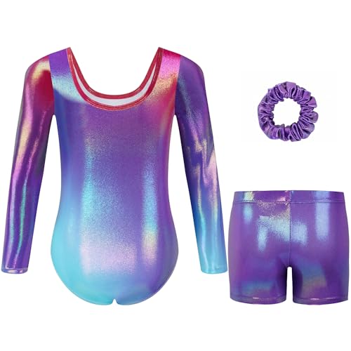 Gogokids Gymnastics Leotards for Girls Long Sleeve Sparkly Rhinestone Dance Unitards Biketards with Shorts, C-purple, 11-12 Years - Image 2