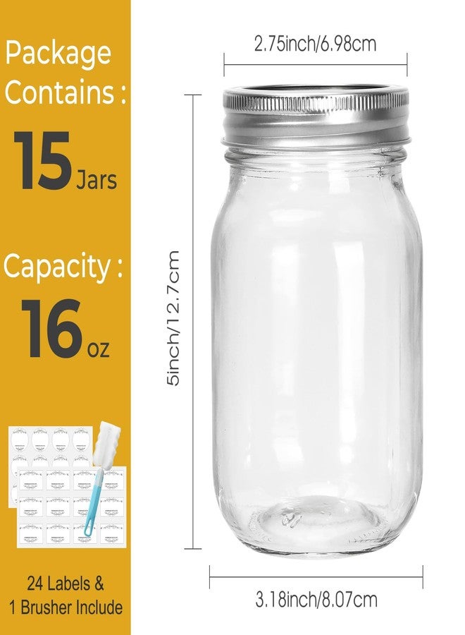 CycleMore 16 oz Mason Jars With Airtight Lids and Brands 15 Pack Glass Canning Jars with Regular Mouth, Pint Clear Glass Jar For DIY Projects, Food Storage and Fermenting with Brush & 24 Labels - Image 2