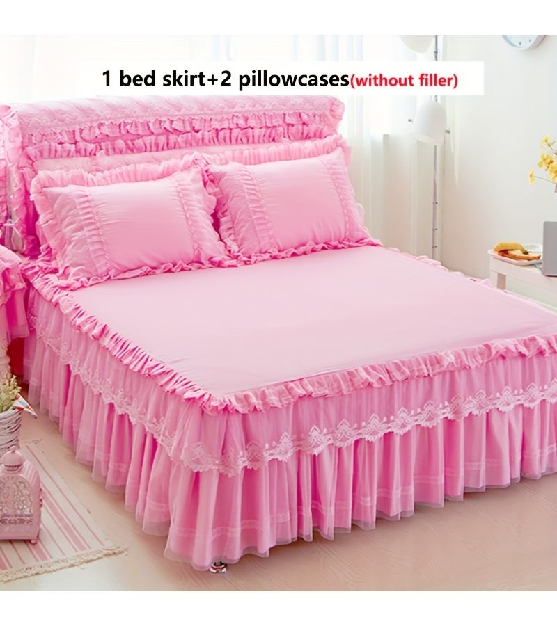 3pcs Princess Lace Bed Skirt Set Beige 78.74 by 86.61 Inches Double Layer Lace Jacquard Bed Skirt with 2 Pillowcases No Pillows Ruffle Hem Exquisite Lace Decoration Mattress Cover Protector Easy to Disassemble All Season Use - Image 2