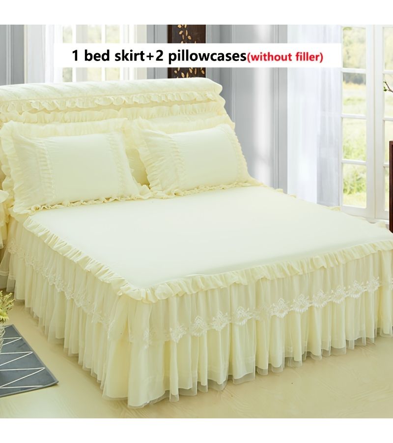3pcs Princess Lace Bed Skirt Set Beige 78.74 by 86.61 Inches Double Layer Lace Jacquard Bed Skirt with 2 Pillowcases No Pillows Ruffle Hem Exquisite Lace Decoration Mattress Cover Protector Easy to Disassemble All Season Use - Image 5