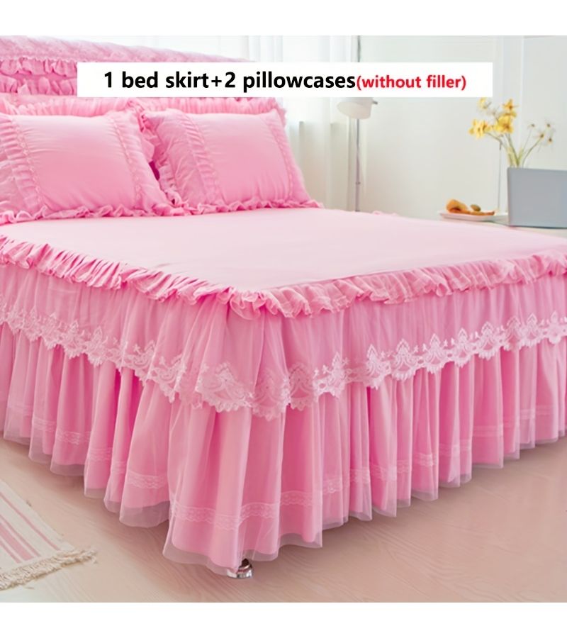 3pcs Princess Lace Bed Skirt Set Beige 78.74 by 86.61 Inches Double Layer Lace Jacquard Bed Skirt with 2 Pillowcases No Pillows Ruffle Hem Exquisite Lace Decoration Mattress Cover Protector Easy to Disassemble All Season Use - Image 4