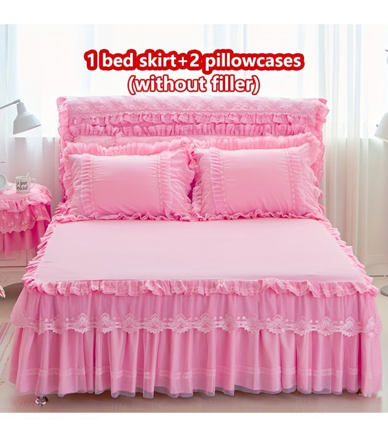 3pcs Princess Lace Bed Skirt Set Beige 78.74 by 86.61 Inches Double Layer Lace Jacquard Bed Skirt with 2 Pillowcases No Pillows Ruffle Hem Exquisite Lace Decoration Mattress Cover Protector Easy to Disassemble All Season Use - Image 1