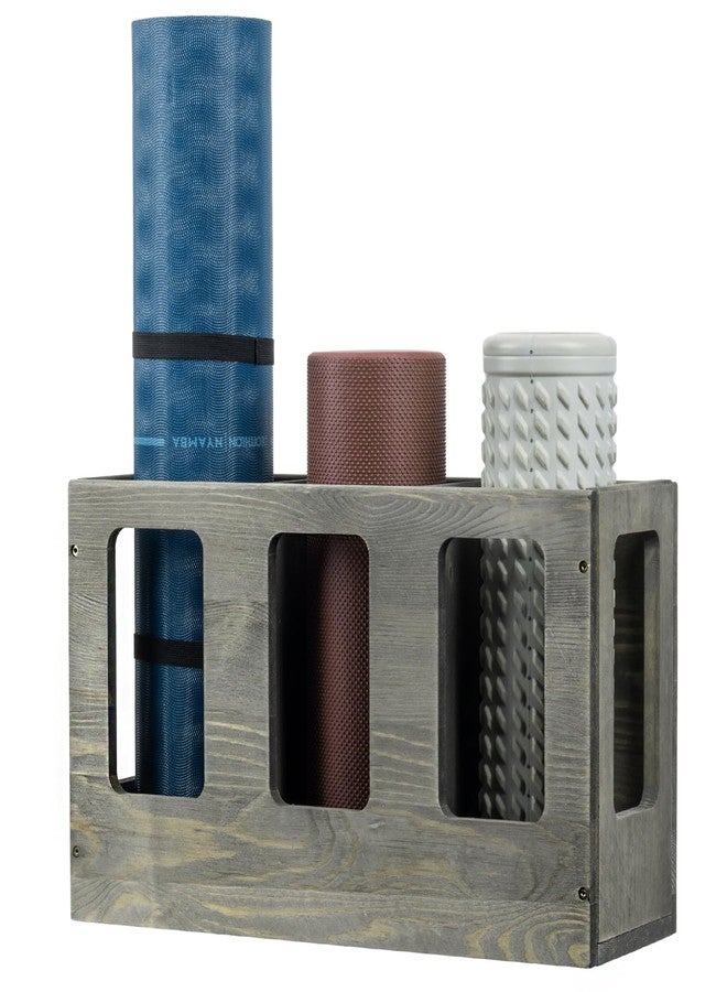 MyGift Wall Mounted Vintage Gray Solid Wood Yoga Mat Holder Fitness Gym Foam Roller Storage Organizer, Floor Standing Sports Exercise Mat Rack - Image 1