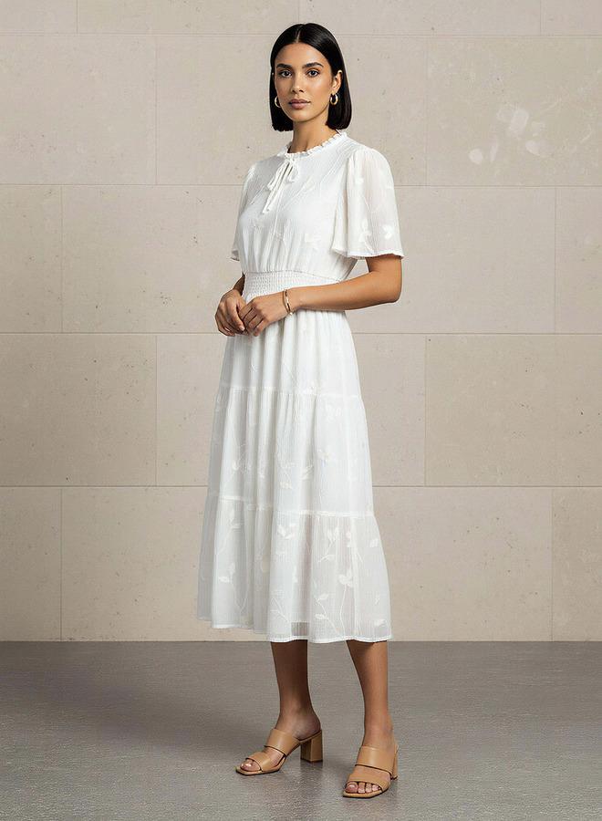 Splash FAV Embroidered Tiered Midi Viscose Dress with Flutter Sleeves - Image 1