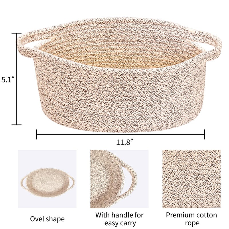 ABenkle Small Woven Basket 12"x 8"x 5" - Rope Room Shelf Storage, Cat Dog Toys Chest Box, Decorative Empty Gift With Handles - All Mixed Brown - Image 2